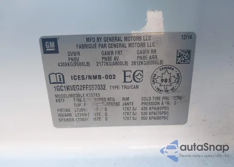 2015 Chevrolet Silverado 2500Hd Lt z USA, uszkodzony, nr VIN 1GC1KVEG2FF557032